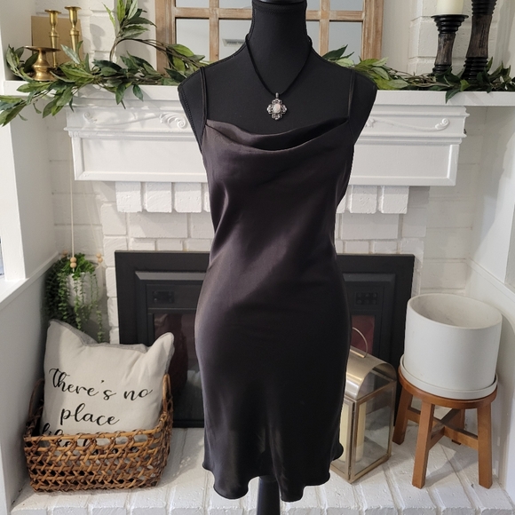 Y2k Bebe Black Cowl Neck Mini Satin Slip Dress Size Small - Picture 1 of 5